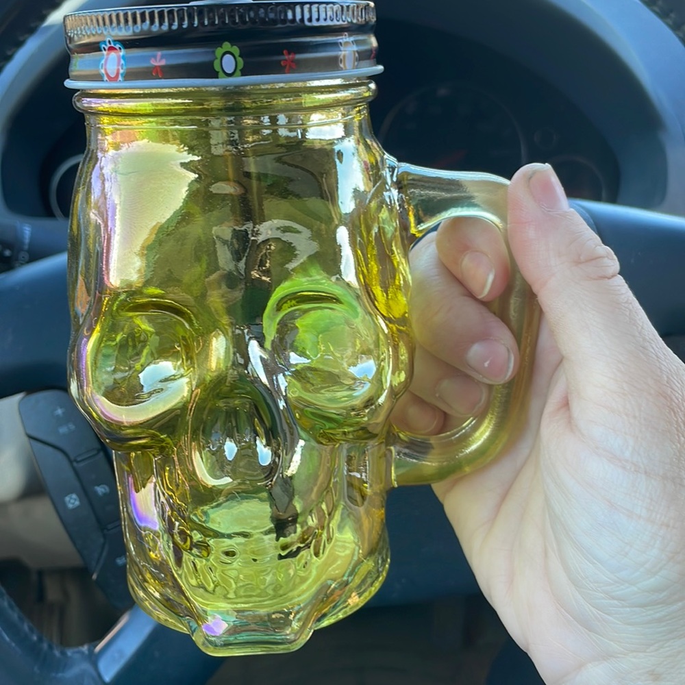 Skull glass mason jar cup irredescent yellow with straw new